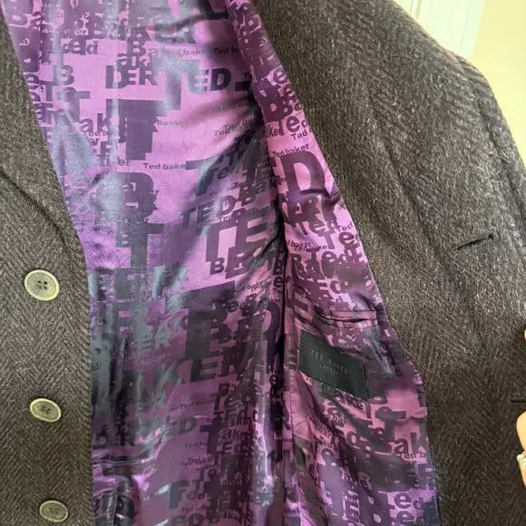 Ted Baker London Men’s Brown Herringbone Overcoat Velvet Collar Lined Coat Small - Picture 3 of 8